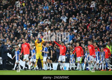 Brighton et Hove, Royaume-Uni. 18th févr. 2023. Les deux équipes entrent sur le terrain pour le match de la Premier League entre Brighton et Hove Albion et Fulham au stade de la communauté American Express, Brighton et Hove, en Angleterre, le 18 février 2023. Photo par Pedro Soares. Utilisation éditoriale uniquement, licence requise pour une utilisation commerciale. Aucune utilisation dans les Paris, les jeux ou les publications d'un seul club/ligue/joueur. Crédit : UK Sports pics Ltd/Alay Live News Banque D'Images