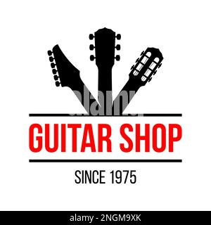 Modèle de logo vectoriel de boutique de guitare, avec des têtes de guitare de type différent. Illustration de Vecteur