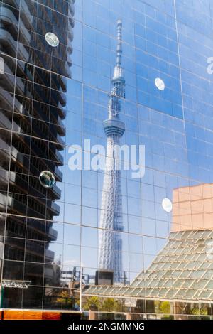 Tokyo Skytree la vue dans le reflet de l'herbe noire façade de la brasserie Asahi building. Panneaux en verre donnent effet aux disjoints skytree. Banque D'Images