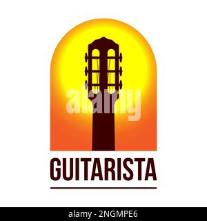 Logo vectoriel de guitare de style latino, avec silhouette de tête de guitare classique sur fond de coucher de soleil. Illustration de Vecteur