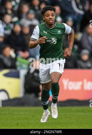 Plymouth Argyle avance Niall Ennis (11) pendant le match Sky Bet League 1 Plymouth Argyle vs Fleetwood Town at Home Park, Plymouth, Royaume-Uni, 18th février 2023 (photo de Stanley Kasala/News Images) Banque D'Images