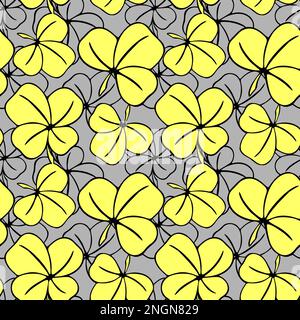 motif asymétrique sans couture de feuilles de trèfle dans des tons jaune-gris et des contouros noirs, design, texture Banque D'Images