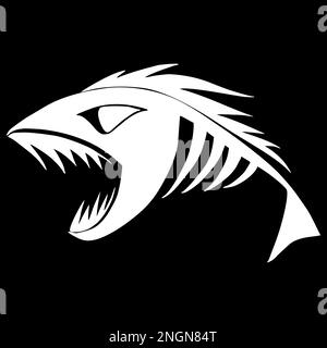 dessin de contour blanc d'un squelette de poisson sur fond noir, logo, design Banque D'Images