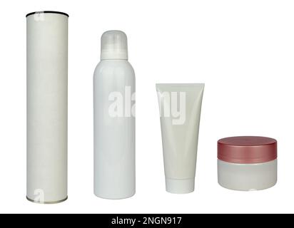 Différents récipients cosmétiques blancs - pour la thérapie d'arôme, la mousse et la crème pour les mains et le visage - sur fond blanc Banque D'Images