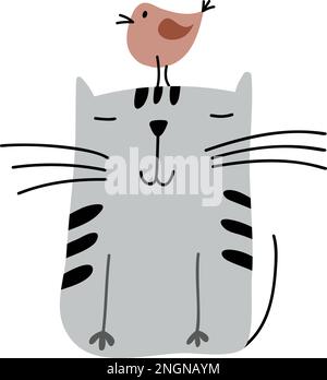 Chat vecteur gris sur sa tête regardant le printemps drôle d'oiseau. Joli personnage de dessin animé. Animal de compagnie de bébé de style scandinave. Housse pour ordinateur portable, t-shirt Illustration de Vecteur