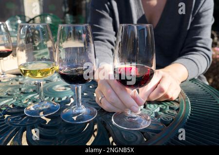 test de vin de port, verres avec femme de boisson en tenant un Banque D'Images