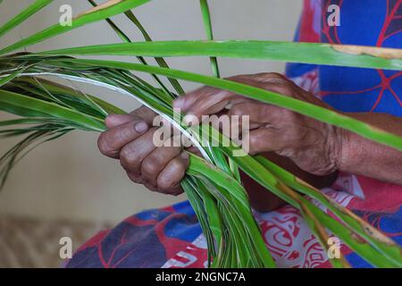 Une femme fidjienne se bassiant avec des feuilles de palmier Banque D'Images