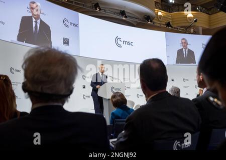 Munich, Allemagne. 18th févr. 2023. Le Secrétaire général de l'OTAN, M. Jens Stoltenberg, s'exprime samedi à 18 février 2023 lors de la Conférence de Munich sur la sécurité (MSC) de 2023 à Munich, dans le sud de l'Allemagne. La Conférence de Munich sur la sécurité, qui se tiendra de 17 février à 19, 2023, rassemble les dirigeants mondiaux avant le premier anniversaire de l'invasion de l'Ukraine par la Russie alors que Kiev se lève les appels en faveur de nouvelles armes. Photo par Alexandra Baier MSC/UPI crédit: UPI/Alamy Live News Banque D'Images