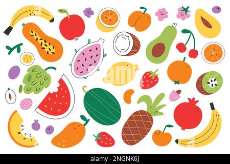 Ensemble de fruits divers, mangues mignonnes, kiwi, pêche et illustration de banane, ensemble d'autocollants de fruits tropicaux, illustrations vectorielles de caniche Illustration de Vecteur