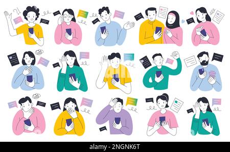 Personnes lisant des informations à l'aide de l'application pour smartphone avec diverses expressions du visage, commentaires, réactions sur les médias sociaux, illustrations vectorielles plates Illustration de Vecteur