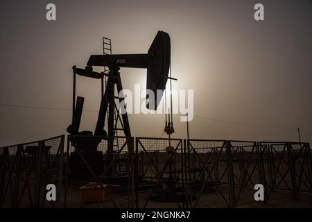 Pumpjack aka cheval de pétrole, hochement de tête, cric de pétrole, pompe à poutre élève le pétrole brut dans le désert de Bahreïn à Sakhir sur le golfe Persique. Banque D'Images