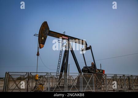 Pumpjack aka cheval de pétrole, hochement de tête, cric de pétrole, pompe à poutre élève le pétrole brut dans le désert de Bahreïn à Sakhir sur le golfe Persique. Banque D'Images