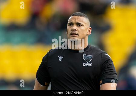 Northampton, Royaume-Uni. 18th févr. 2023. Juarno Augustus of Northampton Saints devant le Gallagher Premiership Match Northampton Saints vs sale Sharks at Franklin's Gardens, Northampton, Royaume-Uni, 18th février 2023 (photo de Nick Browning/News Images) à Northampton, Royaume-Uni, le 2/18/2023. (Photo de Nick Browning/News Images/Sipa USA) crédit: SIPA USA/Alay Live News Banque D'Images