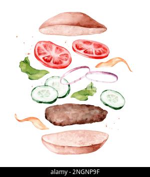 Ingrédients frais et savoureux pour hamburgers. Aquarelle illustration dessinée à la main isolée sur fond blanc. Banque D'Images