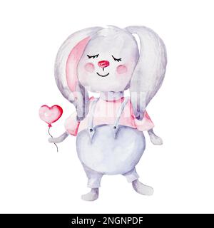 Mignon lapin de dessin animé avec un ballon dans ses pattes; illustration de dessin à la main aquarelle; peut être utilisé pour les affiches de bébé ou la douche de bébé; avec bac blanc isolé Banque D'Images