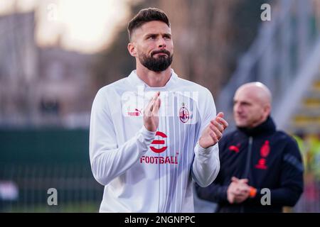 Monza, Italie. 18th févr. 2023. Olivier Giroud (AC Milan) pendant le championnat italien série Un match de football entre AC Monza et AC Milan sur 18 février 2023 au stade U-Power de Monza, en Italie. Crédit : Luca Rossini/Alay Live News Banque D'Images