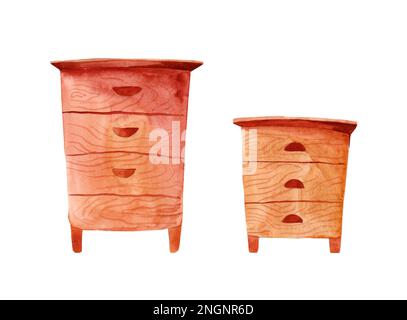 Ruche en bois pour abeilles isolées sur fond blanc. Apiculture, miel. Illustration aquarelle. Banque D'Images