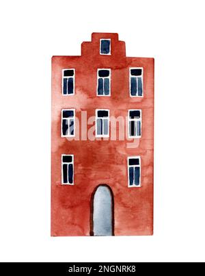 Maison en briques sur plusieurs étages. Illustration aquarelle dessinée à la main Banque D'Images