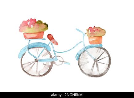 Vélo d'illustration aquarelle avec panier à fleurs isolé sur fond blanc. Design urbain. Transport écologique Banque D'Images