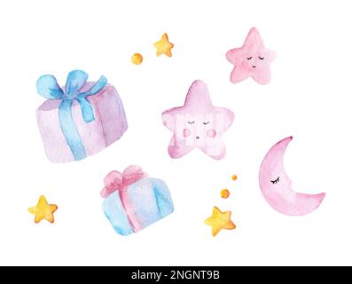 Set of cute watercolor illustrations. Pink cartoon stars, moon gifts. Children's room decoration, drawing for wallpaper, postcards. Children's holiday Banque D'Images