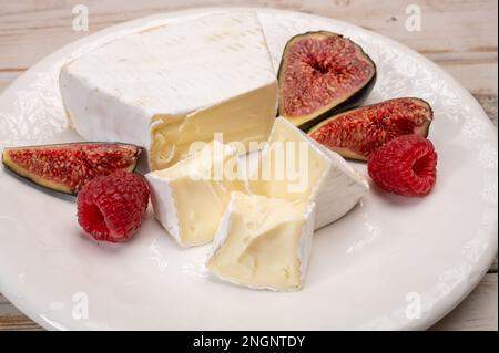 Collection de fromages, fromage français brie de Meaux de la région Seine-et-Marne avec moule blanc en gros plan Banque D'Images