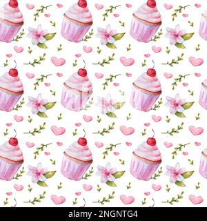 Motif aquarelle sans couture. Cupcakes aux cerises et aux coeurs. Motif pour le tissu et le papier de raclage. Vacances pour enfants Banque D'Images