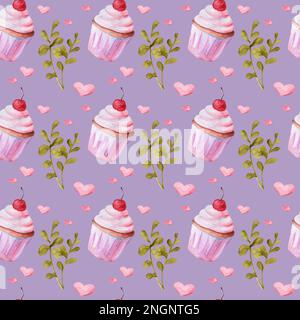 Motif aquarelle sans couture. Cupcakes aux cerises et aux coeurs. Motif pour le tissu et le papier de raclage. Vacances pour enfants Banque D'Images