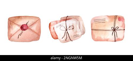 Enveloppes avec joints en cire. Jeu d'illustrations d'aquarelle vintage isolées sur fond blanc, lettres en papier, carte de vœux. Banque D'Images