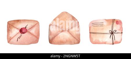 Enveloppes avec joints en cire. Jeu d'illustrations d'aquarelle vintage isolées sur fond blanc, lettres en papier, carte de vœux. Banque D'Images