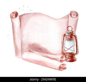 Ancien rouleau de papier et une lampe à kérosène. Aquarelle illustration dessinée à la main isolée sur fond blanc. Espace libre pour le texte Banque D'Images