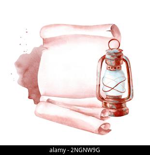 Ancien rouleau de papier et une lampe à kérosène. Aquarelle illustration dessinée à la main isolée sur fond blanc. Espace libre pour le texte Banque D'Images