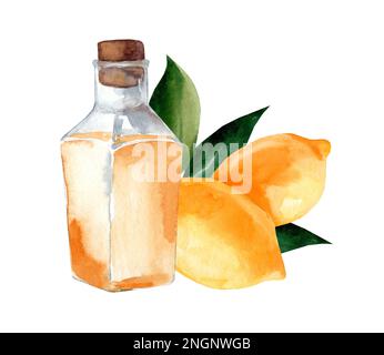 Flacon en verre avec huile aromatique au citron. Cosmétologie et médecine. Illustration aquarelle isolée sur fond blanc Banque D'Images