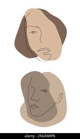 Visages abstraits modernes. Silhouettes féminines contemporaines. Illustration à la mode avec contour dessiné à la main. Ligne continue, concept minimaliste. Banque D'Images