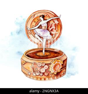 Dessin aquarelle d'une boîte de musique avec une ballerine dansante dans le style steampunk Banque D'Images