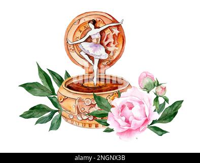 Dessin aquarelle d'une boîte de musique avec une ballerine dansante dans le style de steampunk sur un fond de péonies roses Banque D'Images