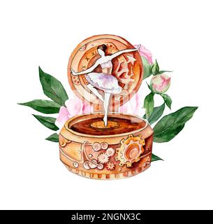 Dessin aquarelle d'une boîte de musique avec une ballerine dansante dans le style de steampunk sur un fond de péonies roses Banque D'Images