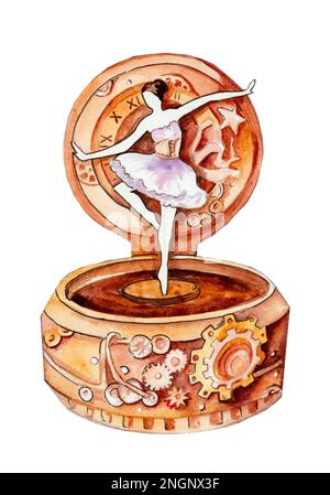 Dessin aquarelle d'une boîte de musique avec une ballerine dansante dans le style steampunk Banque D'Images