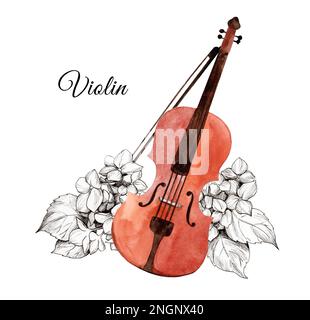 Violon aquarelle avec fleurs d'hortensia graphiques. instruments de musique classique Banque D'Images