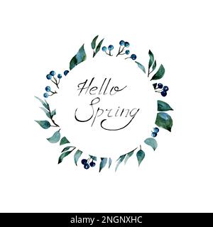 Illustration aquarelle de branches et de baies sur fond blanc. Cadre pour la décoration. Lettrage. Bonjour printemps Banque D'Images