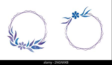 Ensemble d'illustrations aquarelles avec fleurs et branches bleues sur fond blanc. Cadres pour la décoration. Espace libre pour le texte. Banque D'Images