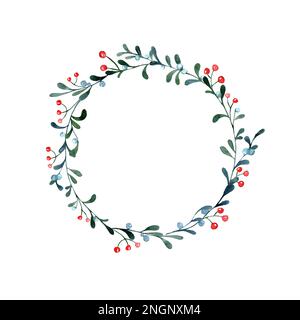 Couronne d'aquarelle de branches de GUI et de baies rouges de Noël sur fond blanc. Hiver, Noël, nouvel an. Espace libre pour le texte Banque D'Images