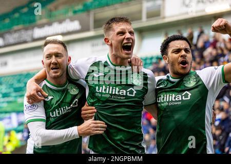 18th février 2023 ; Easter Road, Édimbourg, Écosse : Scottish Premiership football, Hibernian versus Kilmarnock ; will Fish of Hibernian célèbre le but d'ouverture dans la minute 16th Banque D'Images