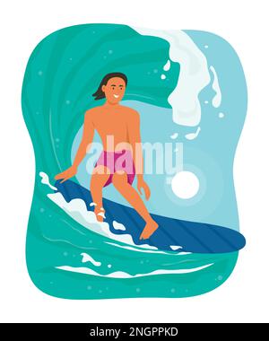 Sport Homme appréciant avec la planche de surf en été Illustration de Vecteur