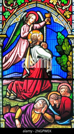 Histoire de Pâques, Jésus prie dans le jardin de Gethsémané, près du Mont des oliviers, tandis que les disciples dorment, vitraux de William Warrington, 1854 Banque D'Images