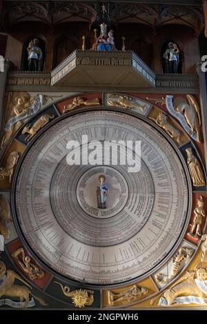 Horloge astronomique, Horologium mirabile Lundense, 15th siècle, avec Saint-Laurent au centre, Cathédrale de Lund, Lund, Suède Banque D'Images