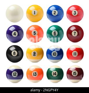 Jeu de boules de billard sur fond blanc Banque D'Images