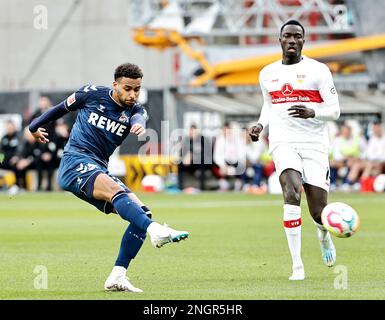 Stuttgart, Allemagne. 18th févr. 2023. Linton Maina (L) de Cologne tire lors du match de football allemand de la première division Bundesliga entre VfB Stuttgart et le FC Cologne à Stuttgart, Allemagne, 18 février 2023. Credit: Philippe Ruiz/Xinhua/Alay Live News Banque D'Images