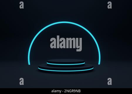 Podium vide avec anneau néon à dégradé de ligne sur fond. 3d rendu. illustration avec scène abstraite avec cadre néon Banque D'Images