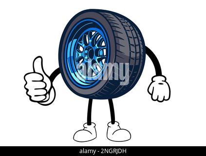 mascotte de personnage de roue de voiture de dessin animé sur fond blanc Banque D'Images