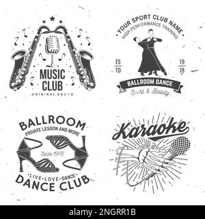 Ensemble de musique rétro et de danse de salle de bal, logos de club de sport, badges. Autocollant de sport de danse et de musique rétro avec microphone, saxophone, chaussures pour Illustration de Vecteur